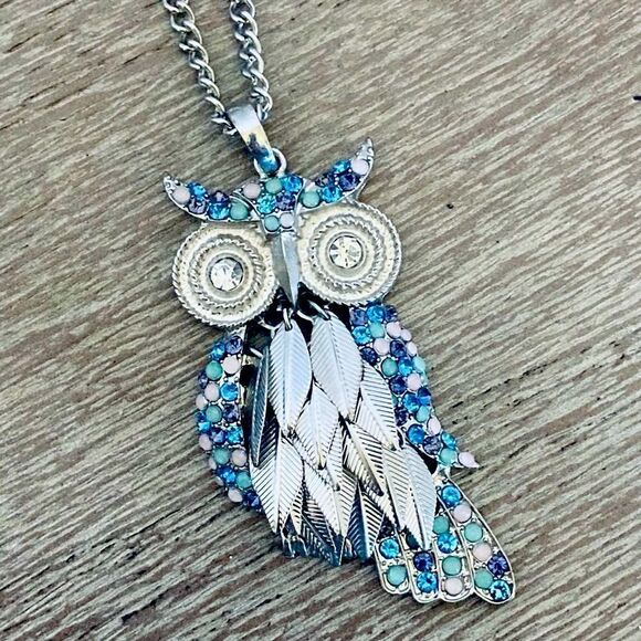 Crystal Silver Owl Necklace Pendant - Picture 1 of 4